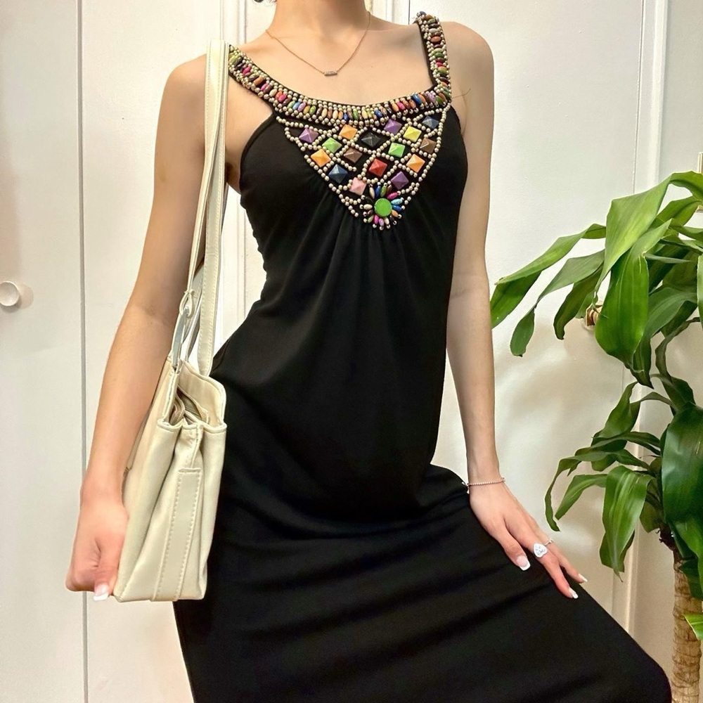 Suzy Shier Colored Beaded  Neckline Maxi Dress Black Size XS